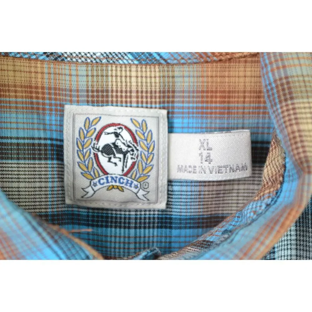 Cinch Boys XL (14) Shirt Blue Orange Plaid Western Button Up